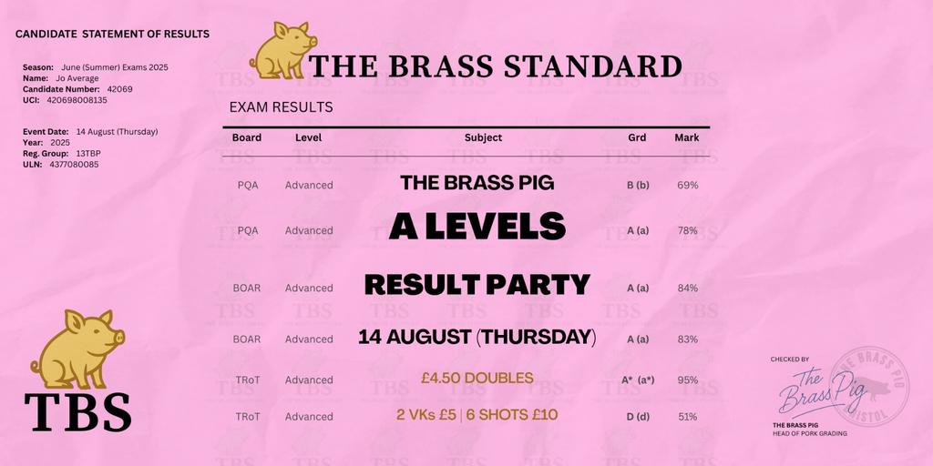 A Level Results Night @ Brass Pig