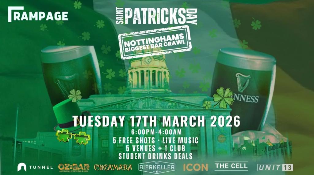 St Paddy's Day Bar Crawl 2026 - Nottingham | 6 FREE SHOTS | 6 VENUES | 2 CLUBS