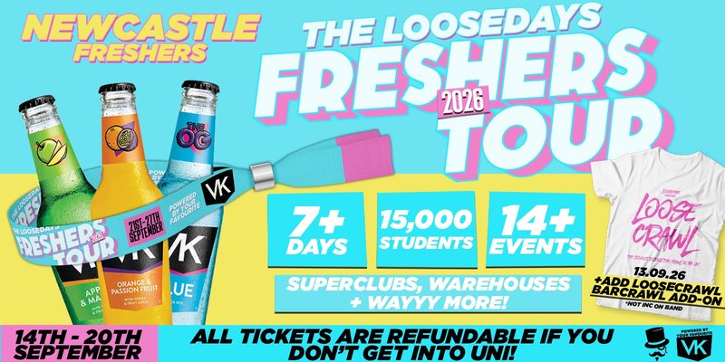THE OFFICIAL VK X LOOSEDAYS NEWCASTLE FRESHERS WEEK BAND 2026 🤩💕 LESS THAN 50P PER EVENT 🪩⚡️ 7+ DAYS - 14+ EVENTS // INCLUDES TROPILOCO, JUNGLE, HUSH, WAREHOUSE RAVE, FRESHERS CARNIVAL & ABBA! +MORE