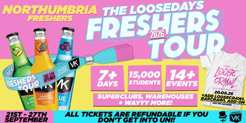 THE OFFICIAL VK X LOOSEDAYS NORTHUMBRIA FRESHERS WEEK BAND 2026 🤩💕 LESS THAN 50P PER EVENT 🪩⚡️ 7+ DAYS - 14+ EVENTS // INCLUDES TROPILOCO, JUNGLE, HUSH, WAREHOUSE RAVE, FRESHERS FESTIVAL & ABBA! +MORE