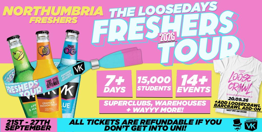 THE OFFICIAL VK X LOOSEDAYS NORTHUMBRIA FRESHERS WEEK BAND 2026 🤩💕 LESS THAN 50P PER EVENT 🪩⚡️ 7+ DAYS - 14+ EVENTS // INCLUDES TROPILOCO, JUNGLE, HUSH, WAREHOUSE RAVE, FRESHERS FESTIVAL & ABBA! +MORE