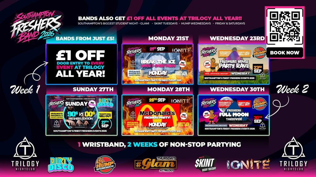 Official Trilogy Freshers Band 2026 🎓5 Events Included! Welcome Weeks 2026! 😍 Discount to EVERY EVENT at Trilogy ALL YEAR!! 😎 Bands will SELL OUT! !💯