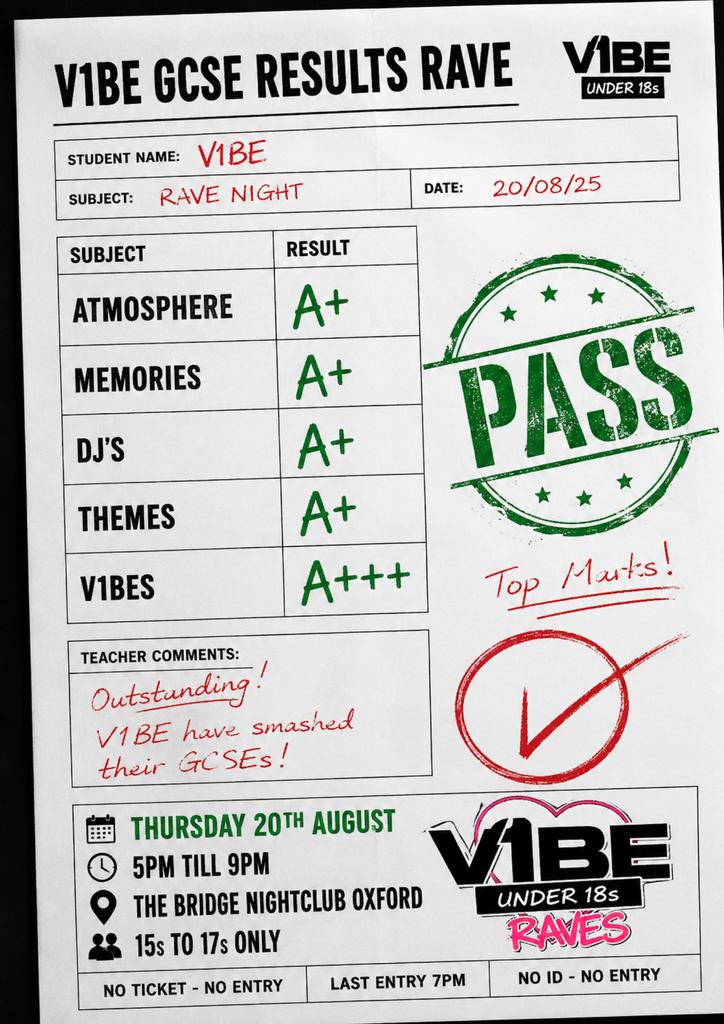 V1BE U18s GCSE RAVE 15s - 17s 20TH AUG OXFORD