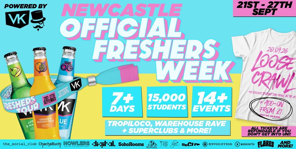 THE OFFICIAL VK X LOOSEDAYS NEWCASTLE FRESHERS WEEK BAND 2026 🤩💕 LESS THAN 50P PER EVENT 🪩⚡️ 7+ DAYS - 14+ EVENTS // INCLUDES TROPILOCO, JUNGLE, HUSH, WAREHOUSE RAVE, FRESHERS CARNIVAL & ABBA! +MORE