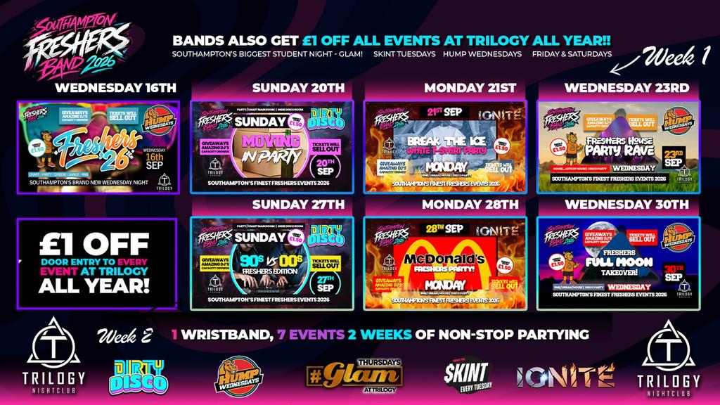 Official Trilogy Freshers Band 2026 🎓 7 Events Included! Welcome Weeks 2026! 😍 PLUS Discount to EVERY EVENT at Trilogy ALL YEAR!! 😎 Bands will SELL OUT! !💯