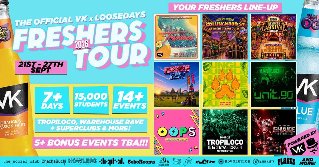 THE OFFICIAL VK X LOOSEDAYS NEWCASTLE FRESHERS WEEK BAND 2026 🤩💕 LESS THAN 50P PER EVENT 🪩⚡️ 7+ DAYS - 14+ EVENTS // INCLUDES TROPILOCO, UNIT.90, OOPS, WAREHOUSE RAVE, & FRESHERS FESTIVAL! +MORE
