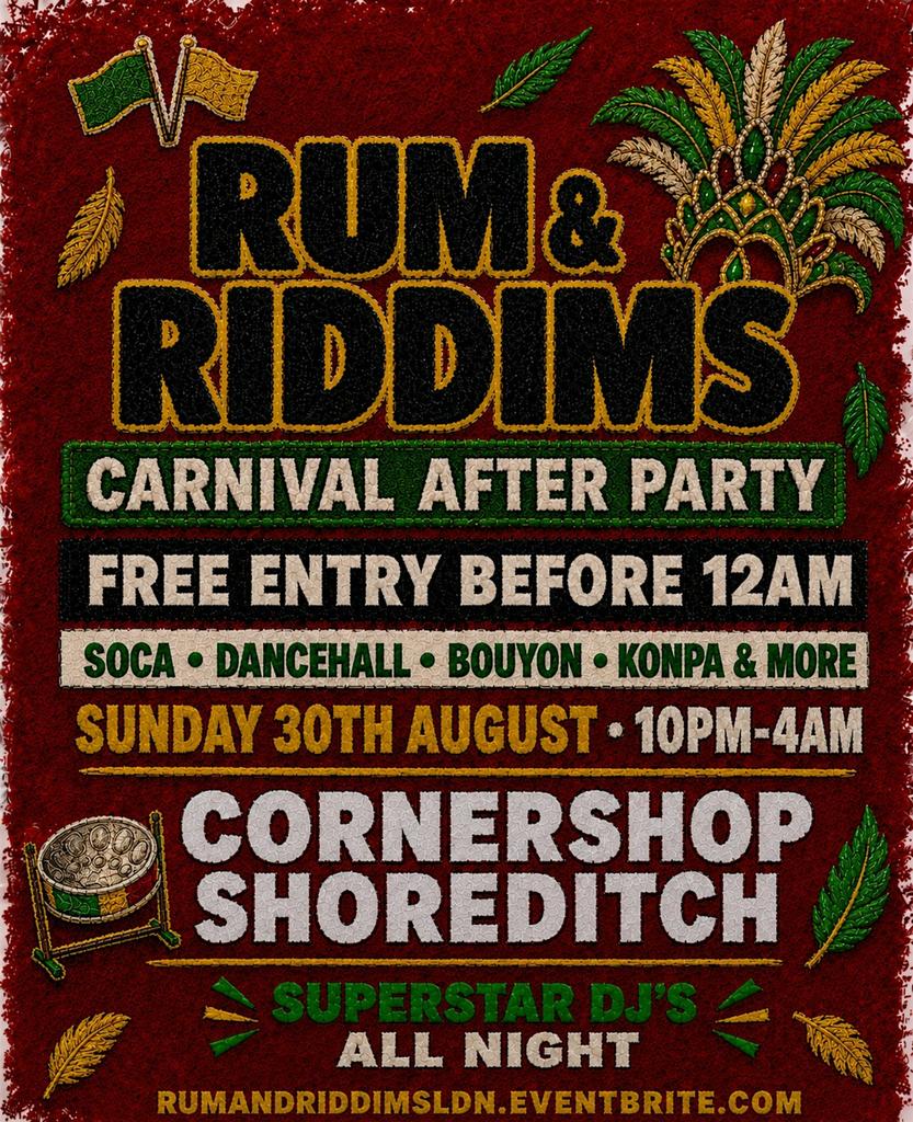 RUM & RIDDIMS – SUNDAY CARNIVAL AFTER PARTY | FREE ENTRY BEFORE 12AM