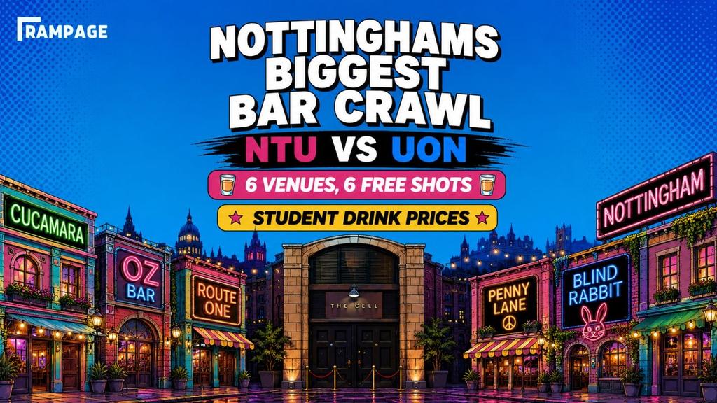 NOTTINGHAM STUDENT BAR CRAWL: NTU vs UON: 6 VENUES | 6 FREE SHOTS | 1 CLUB: THE CELL [241 DRINKS BEFORE MIDNIGHT]