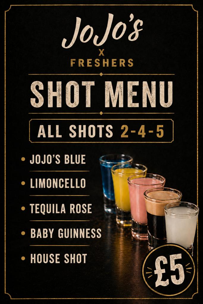 JoJo's X Freshers Shot Menu