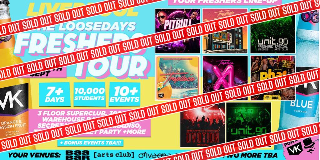 ❌ SOLD OUT ❌ THE OFFICIAL VK X LOOSEDAYS LIVERPOOL FRESHERS WEEK ONE BAND 2026 🤩💕 NOW LESS THAN £2.50 PER EVENT! 🪩⚡️ 7+ DAYS - 10+ EVENTS // INCLUDES TROPILOCO, UNIT.90, DVOTION, SUPERCLUBS, WAREHOUSES, FLEET STREET TAKEOVER + WAYYY MORE!!